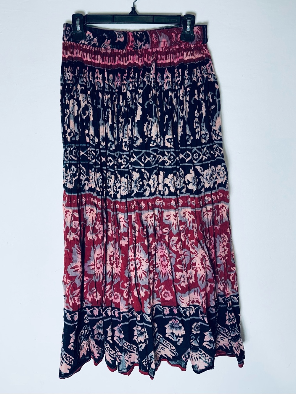 Vintage Jessie Red Navy Boho Floral Tiered Broomstick Maxi Skirt S Whimsigoth